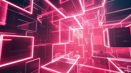 Poster - Neon Abstract Digital Landscape with Luminous Geometric Shapes