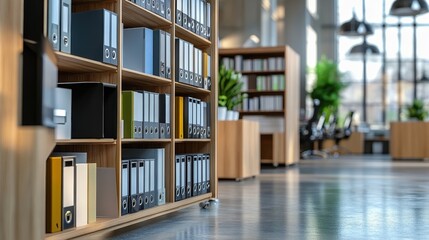 Poster - A modern office interior featuring organized shelves with colorful binders, large windows, and a bright, airy atmosphere.