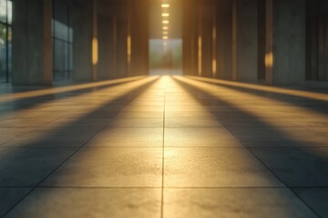 Poster - Light beams illuminating modern building corridor at sunrise
