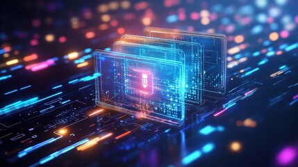 Poster - A vibrant, digital representation of data transmission featuring glowing blocks and colorful light trails, symbolizing technology and information flow.