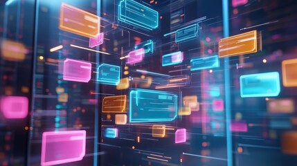 Poster - A vibrant digital scene showcasing floating data panels in various colors, representing technology, information, and connectivity.