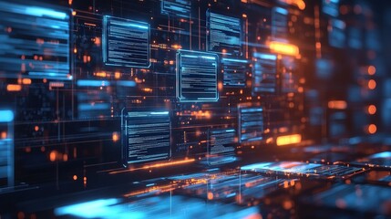 Fototapete - A vibrant digital abstract design featuring blue and orange glowing elements, resembling a futuristic technology interface or data visualization.