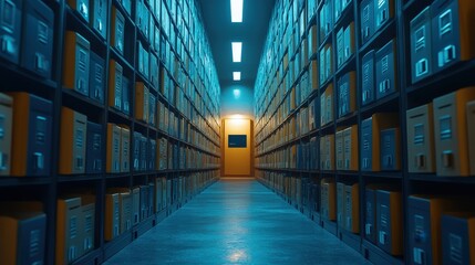 Poster - A dimly lit corridor lined with shelves of neatly stacked boxes, creating a sense of depth and organization in a warehouse-like setting.