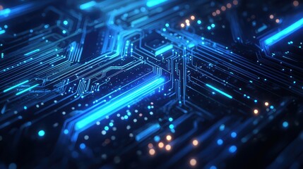 Poster - Abstract Technology Circuit Board with Blue Neon Lights and Patterns