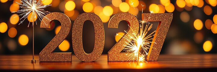 Fototapete - Silvester Sylvester 2027 New year New Year's Eve Party background banner panorama illustration - Abstract gold firework fireworks on dark green texture with bokeh lights