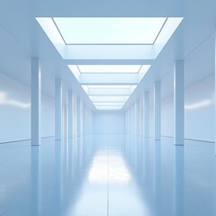 Poster - A Sleek, Minimalist Interior: Endless White Hallway with Columns and Skylights Reflecting Light. A Modern Architecture.