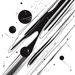 Poster - Cosmic Dance: A Minimalist Abstract of Celestial Motion with Black Lines, Spheres, and Scattered Points on a White Background