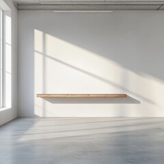 Poster - Empty minimalist room with concrete floor, white walls, natural light, and wooden shelf, showcasing modern design.