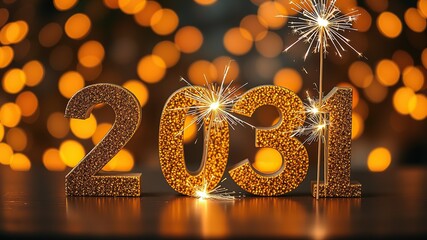 Fototapete - Silvester Sylvester 2031 New year New Year's Eve Party background banner panorama illustration - Abstract gold firework fireworks on dark green texture with bokeh lights