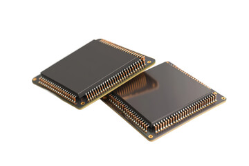 Poster - A close up studio shot showcasing two black microchips with golden edges on a white surface clearly visible