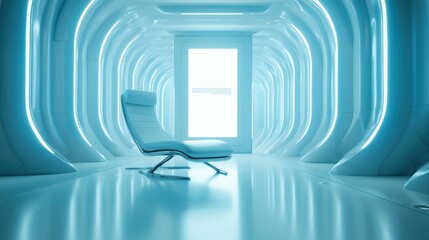 Poster - Modern minimalist chair in illuminated futuristic hallway space