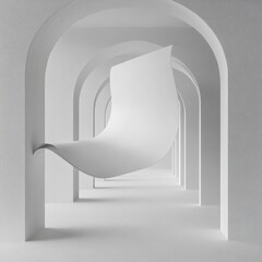 Aufkleber - White Arches Corridor with Floating Fabric: A Minimalist Architectural Dreamscape in Monochrome