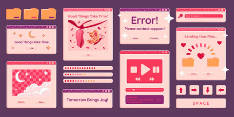 Poster - Glossy cute computer windows and screens with text, messages and other user interface elements. Technology stickers. Vector design element set.
