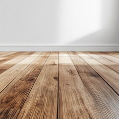 Poster - Wooden Flooring with a White Wall and Natural Light Creating a Minimalist and Clean Aesthetic in a Room Interior