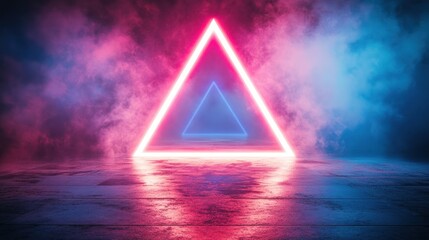 Poster - Glowing neon triangle in smoky space.