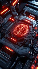 Poster - Futuristic Cybernetic Brain Design with Red Neon Lights and Circuitry