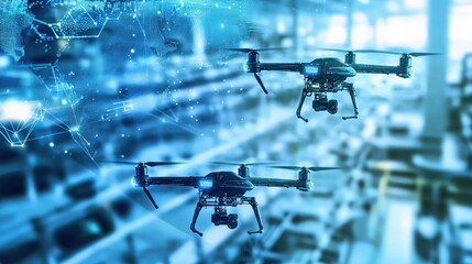 Poster - Drones Flying in a High-Tech Warehouse with Digital Background