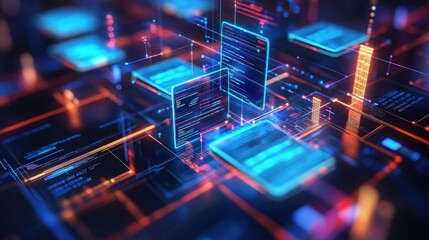 Poster - A vibrant digital network showcasing illuminated circuits and data blocks in blue and orange hues, representing advanced technology and connectivity.