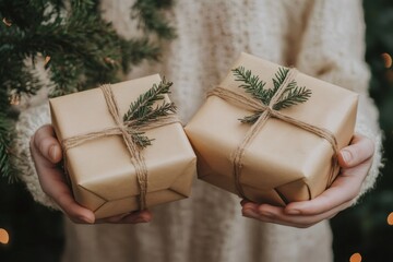 Wall Mural - woman holding two christmas gifts decorated with fir branches