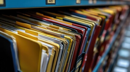 Poster - A close-up view of organized folders in a filing cabinet, showcasing various colors and labels, emphasizing order and documentation.