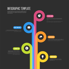 Poster - A modern infographic template with colorful, curved lines leading to circular icons and text placeholders. This dark vibrant design is ideal for timelines, presentations, and data visualization.