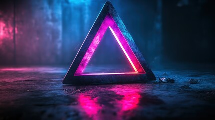 Poster - Glowing neon triangle on dark background.
