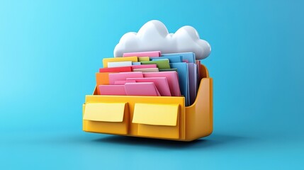 Poster - A colorful file organizer with labeled folders sits beneath a fluffy cloud against a blue background, symbolizing cloud storage and organization.