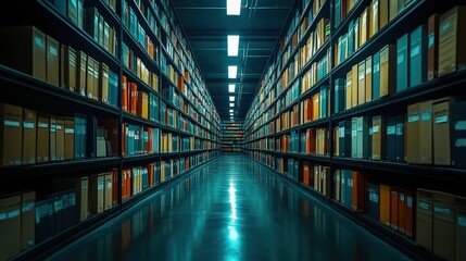 Poster - A vast storage facility filled with neatly organized boxes on shelves, illuminated by bright overhead lights, creating a calm and orderly atmosphere.