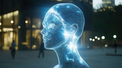 Poster - Futuristic Digital Human Figure with Glowing Wireframe Design