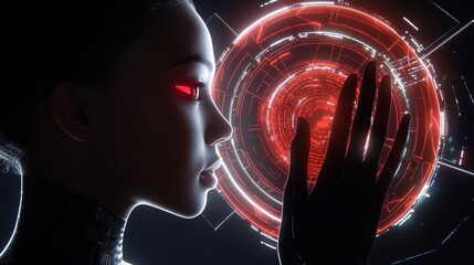Poster - Futuristic Woman Touching Holographic Interface with Glowing Patterns