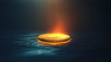 Poster - Glowing Golden Coin Floating in Calm Water with Soft Light Reflections