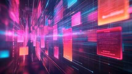 Fototapete - A vibrant digital landscape depicting data streams and information blocks in bright pink and blue hues, showcasing technology and modern design.