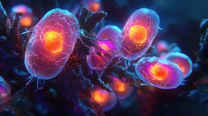 Poster - Colorful Microorganisms Illuminated Under a Microscope in Dark View