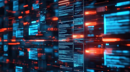 Poster - A vibrant abstract representation of data flow with blue and red lights, illustrating a digital network or technological interface.