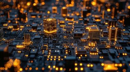 Poster - Futuristic City Landscape with Neon Lights and Circuit Board Design