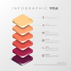 Poster - A visually appealing 3D layered infographic with six gradient blocks connected to text descriptions. Clean, modern design perfect for presenting hierarchical or categorized data visually.
