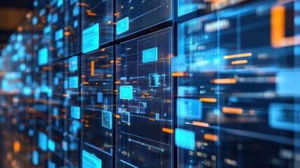 Poster - A futuristic digital interface with glowing screens displaying data and information in blue and orange tones, representing technology and innovation.