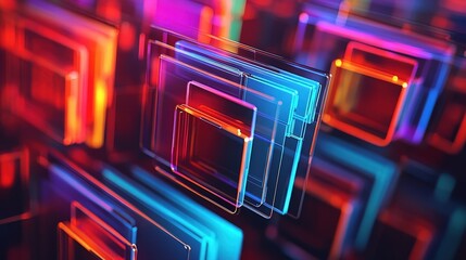 Poster - A vibrant abstract composition featuring layered, glowing squares in blue and red hues, creating a dynamic digital atmosphere.