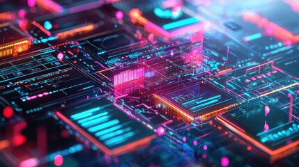 Fototapete - Abstract Digital Technology Background with Neon Colors and Lights