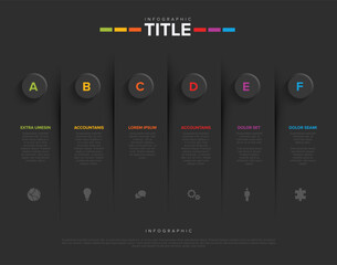 Poster - A clean, modern infographic template featuring six vertical sections labeled A to F, each with icons and placeholder text. The dark design highlights a structured layout with vibrant colors.