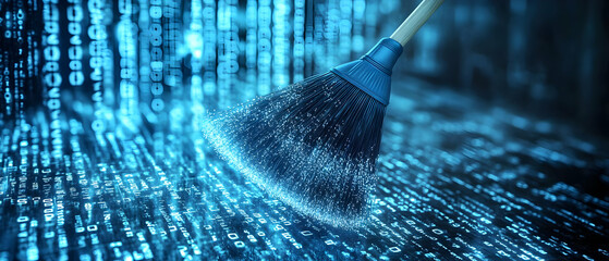 Poster - Digital cleanup broom sweeps data