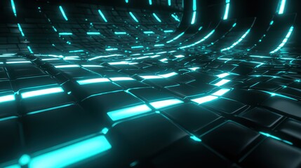 Poster - Futuristic Abstract Digital Landscape with Neon Blue Lights