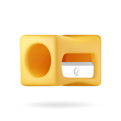 Poster - 3D plastic pencil sharpener isolated on white. Render yellow sharpener tool icon. Office supply stationery and education. Vector illustration