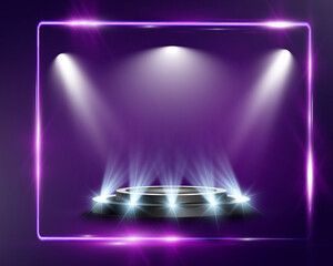 Aufkleber - Illuminated podium inside purple frame with spotlights and dark background for award, event, or presentation.
