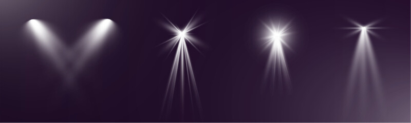 Aufkleber - Realistic transparent spotlight effects set. Stage lighting, concert, show, stadium, theater illumination. Bright glow, beams, lens flare, shine, studio, photography light.	
