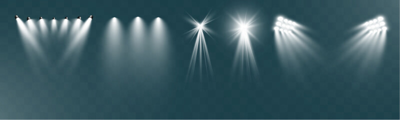 Aufkleber - Realistic transparent spotlight effects set. Stage lighting, concert, show, stadium, theater illumination. Bright glow, beams, lens flare, shine, studio, photography light.	
