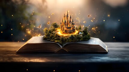 Poster - Magical fantasy world emerging from the pages of an open book resting on a wooden table featuring floating castles mystical creatures and swirling golden light evoking a sense of imagination