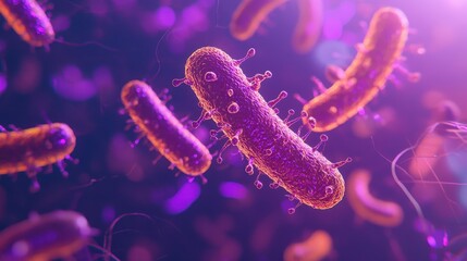 Poster - Colorful Bacteria Under Microscope in Purple and Blue Background