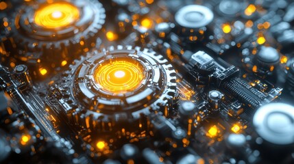 Poster - High-Tech Circuit Board with Glowing Gears and Bright Lights