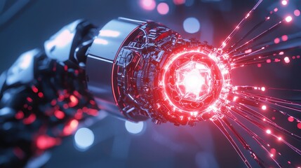 Poster - Futuristic Robotic Arm with Glowing Energy Source and Light Effects
